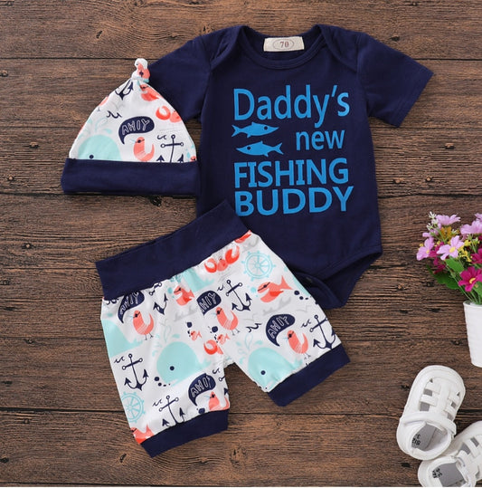 Baby Boys Daddy's Fishing Buddy Romper Bodysuit Fish Pants Hat 3Pcs Outfit