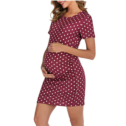 Polka Dotted Short Sleeve Maternity Dress